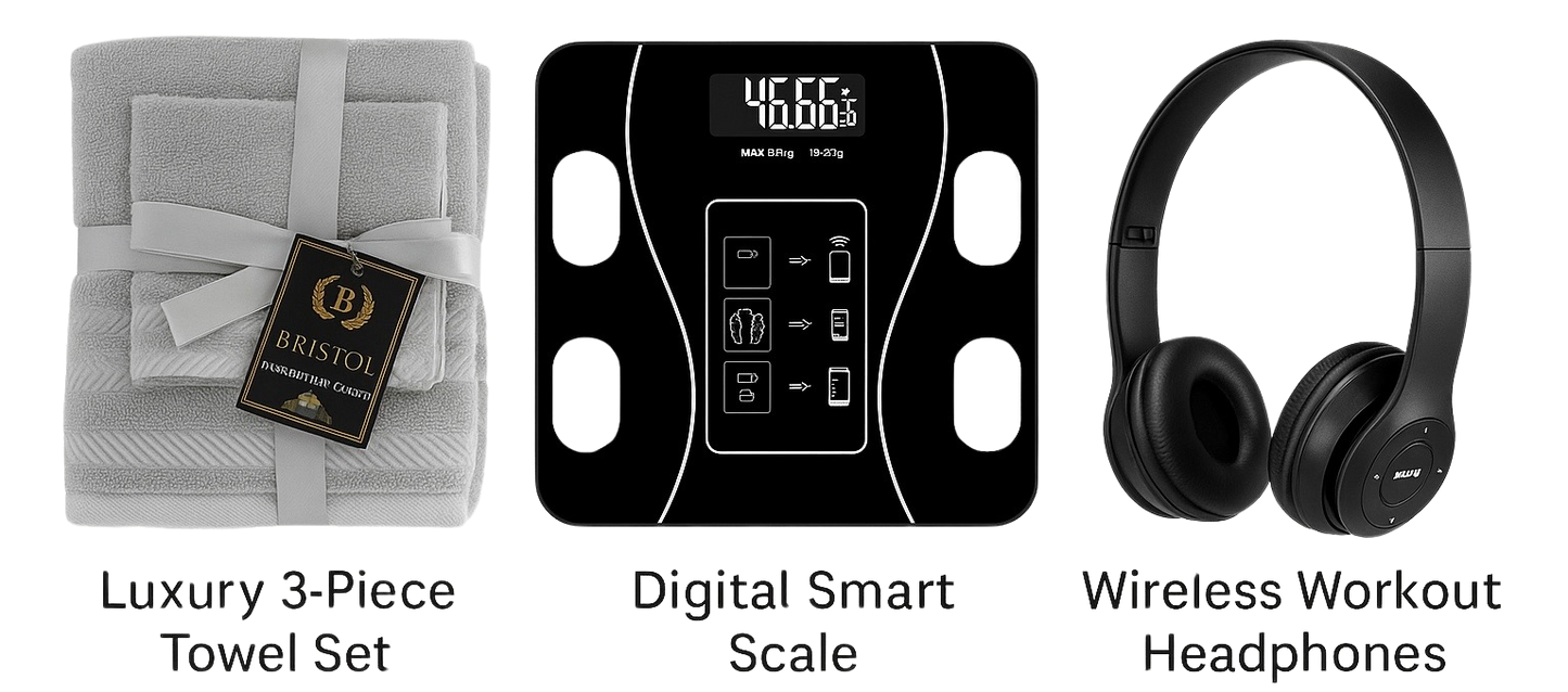Ultimate Fitness Bundle – Scale + Towel + Headphones